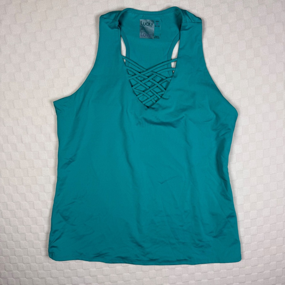 Lucky‎ in Love Active Tank Top Criss Cross Teal Racerback Sleeveless M 8/10